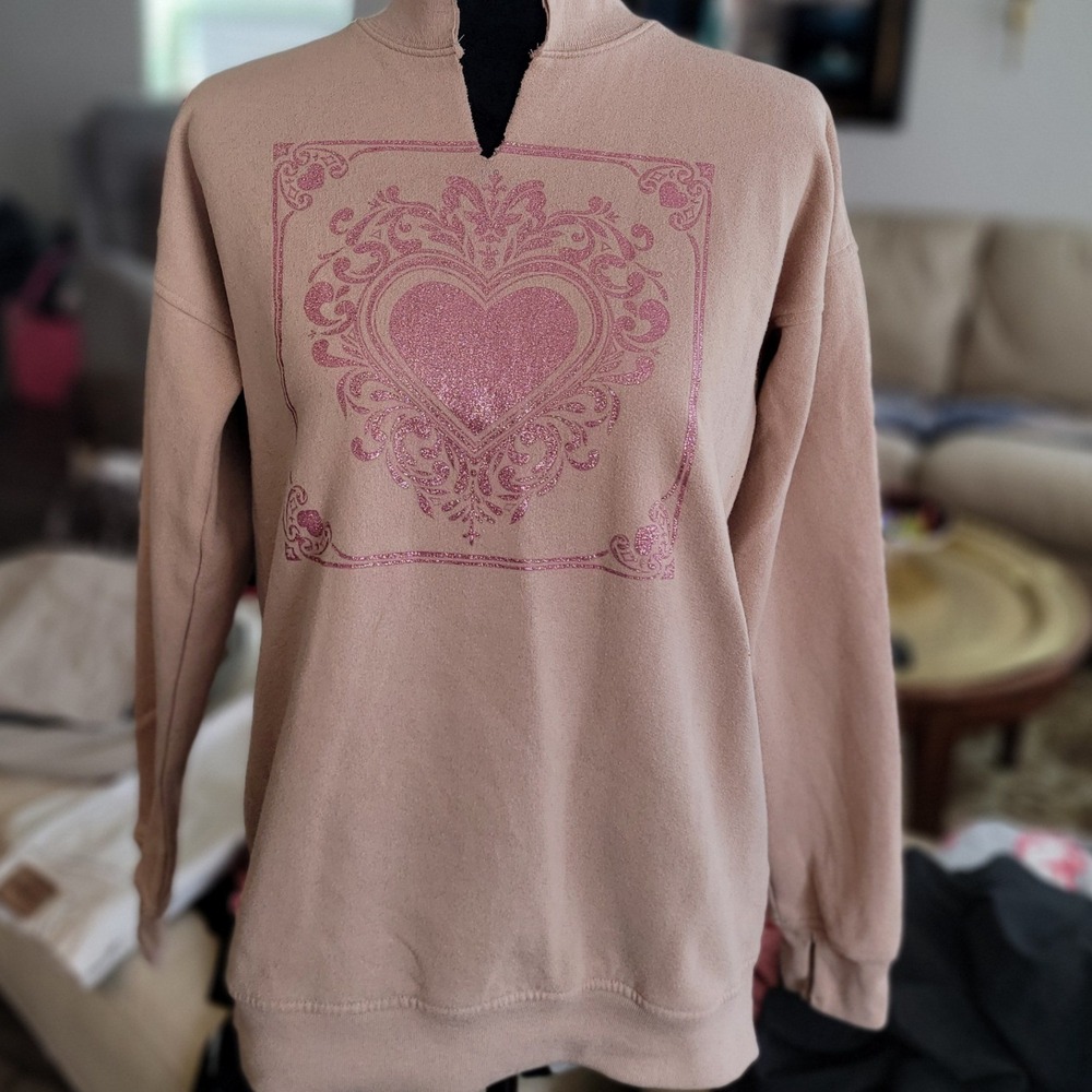 Abercrombie Kids Tan Pink Glitter Heart Graphic Fleece Sweatshirt Girls 15/16
